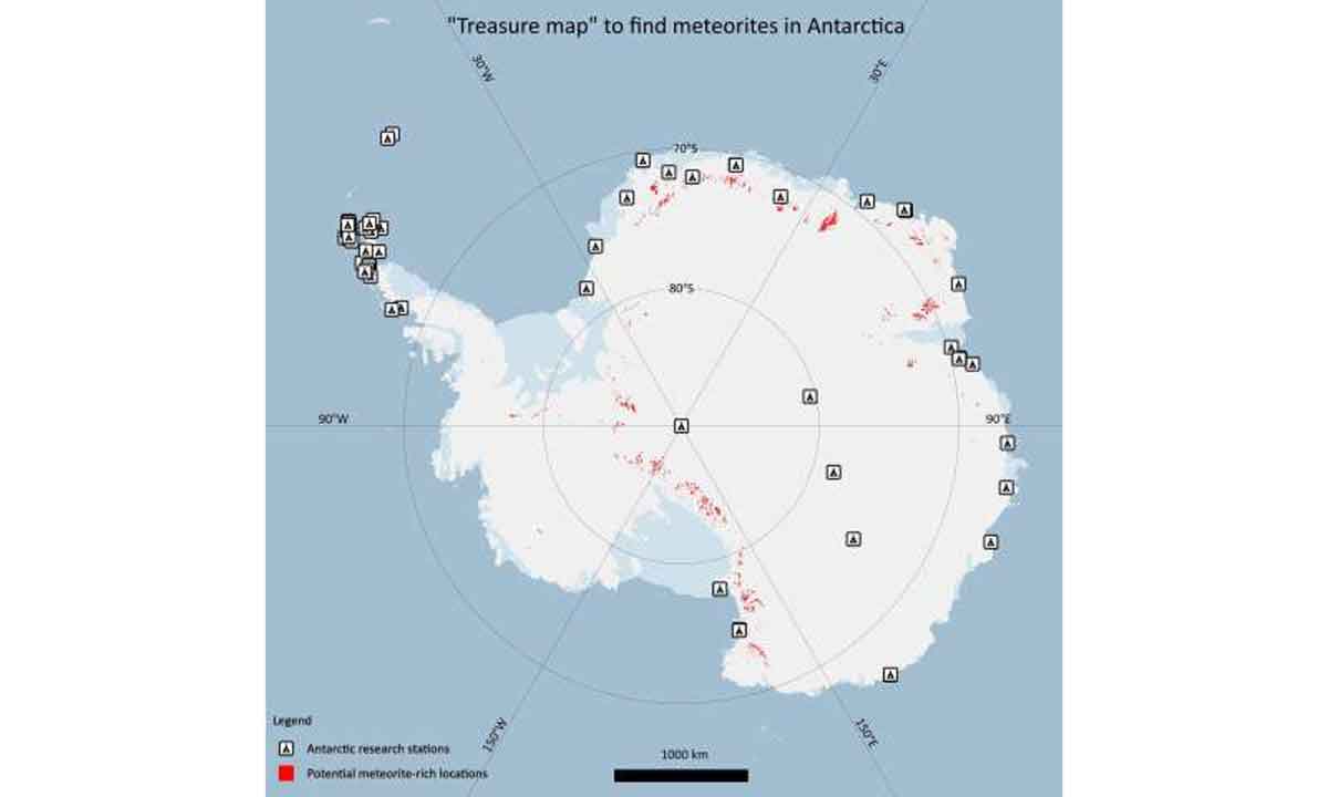 “Treasure map” to find meteorites in Antarctica. Also indicates the Antarctic research stations (as listed by COMNAP, comnap.aq/)