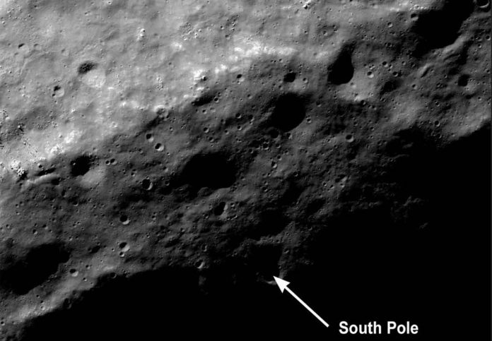The exact point of the moon's south pole