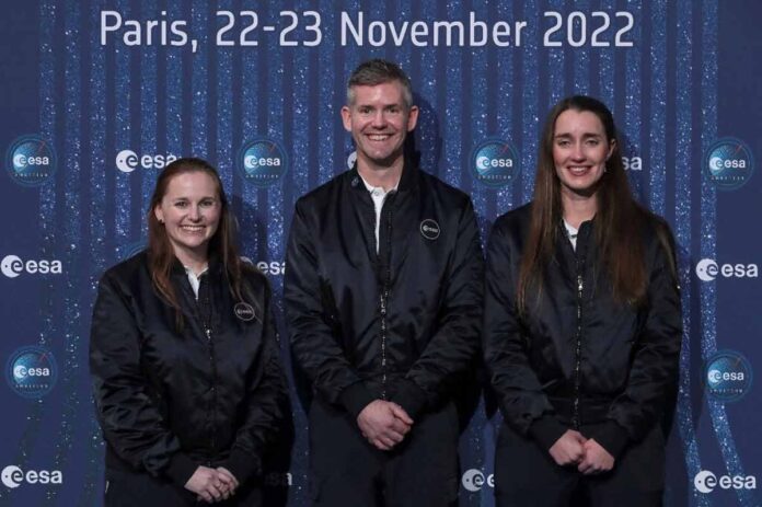 UK's Rosemary Coogan, right, is one of the ESA's new career astronauts, while Paralympian doctor John McFall, centre, became the first recruit with a disability.